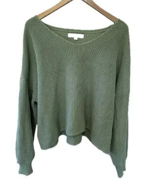 LOFT Women's 100% Cotton Dolman Long Sleeve Drop Shoulder Sage Knit Sweater L thumbnail 1
