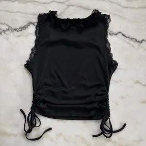 Y2K Black Ribbed Lace Trim Top Ruched Side Drawstring Size Medium thumbnail 3