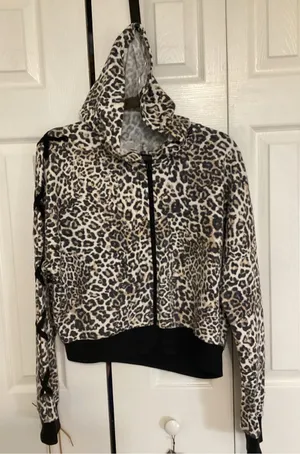 Victoria Sport Leopard-Print Hooded Zip Bomber Jacket - Beige/Black thumbnail 1