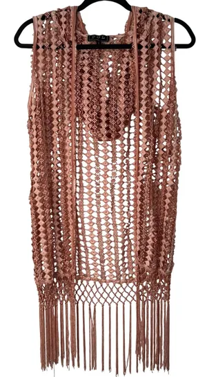 POL Duster Vest Crochet Fringe Trim Hood Size S‎ Dark Blush Pink Boho Rave Indie thumbnail 1