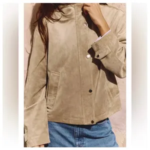 Zara Faux Suede Bomber Jacket Women Large Tan Minimalist Elastic Hem Snap Front thumbnail 4