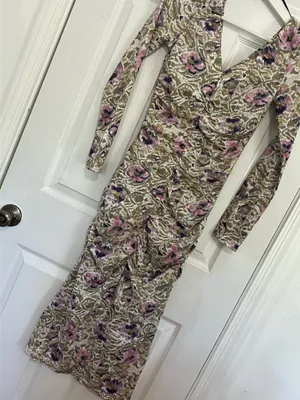 H&M Floral Ruched Midi Dress Bodycon Long Sleeve V Neck Boho Romantic Size XS thumbnail 4