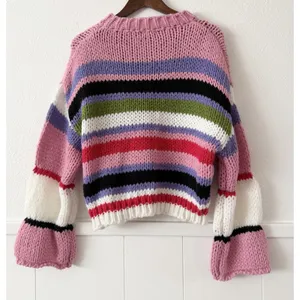 BiBi Sweater M Chunky Knit Striped Bell Sleeve Crop Pullover Colorful Boho NWT thumbnail 4