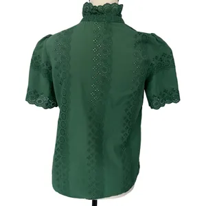 Sézane Louisah Green Organic Cotton Eyelet Ruffle Mock Neck Blouse Size 34 / 2 thumbnail 4