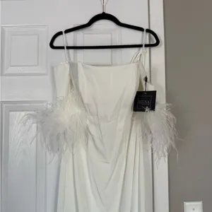 Mac Duggal Long Off Shoulder Feathers Formal Bridal Gown thumbnail 3