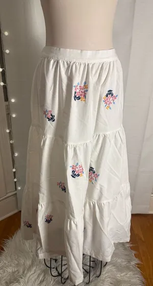 Lele White Embroidered Tiered Maxi Skirt Linen Blend Large thumbnail 1