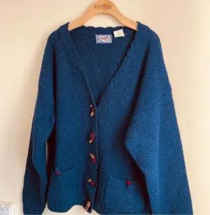 April Cornell Vintage Wool Cardigan Knit Sweater Blue Button Front sz L thumbnail 1