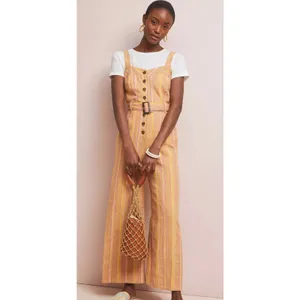Anthropologie Striped Linen Blend Wide Leg Jumpsuit Belted Tan Size 0 thumbnail 11
