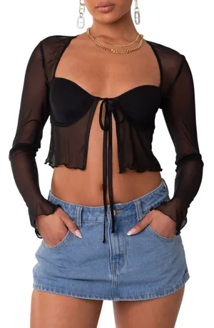 Edikted Mesh Long Sleeve Bra Top black  — Trendy going out top thumbnail 1