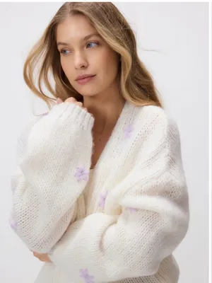 Reserved Women’s Cream Open Front Knit Cardigan with Lilac Floral Detail Size S thumbnail 3
