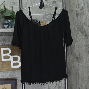 NWT American Rag Crochet-Trim Cold-Shoulder Blouse Shirt Top Classic Black S thumbnail 3