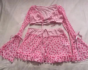 Pink Coquette Heart-Print Two-Piece Bell Sleeve Set thumbnail 1