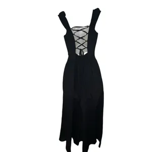 Zara Black Sleeveless Midi Dress Womens Size Small Linen Blend‎ Tie Back Goth thumbnail 6