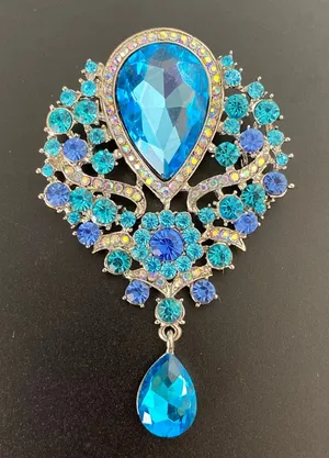 Large Royal Blue & Aqua Rhinestone Statement Brooch Pin Dangle Teardrop thumbnail 1