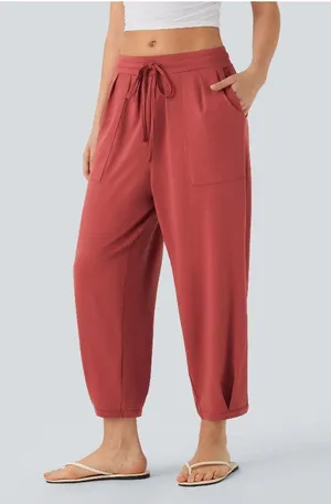 Halara Mid Rise Drawstring Casual Tapered Pants with Pockets Rust Red M thumbnail 1