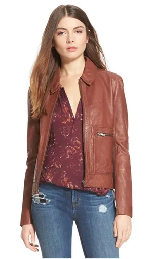Hinge Zip Pocket Leather Jacket Brown Size 1 (19” PTP oversized) NWT thumbnail 1