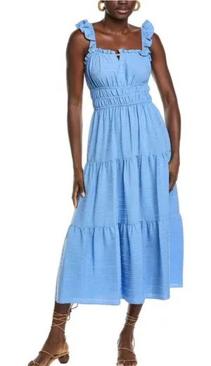 Moda Tara Women's Windowpane Ruffle Midi Dress Peri 10 Blue Tiered Crinkle thumbnail 1