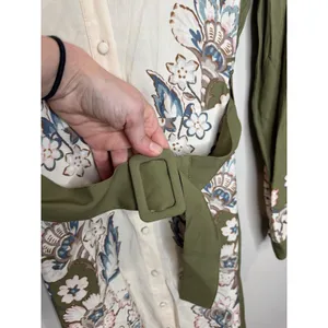 Sézane Button Down Floral Khaki Green Cream Belted Shirt Dress Sz 34 XS thumbnail 5