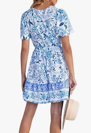 NEW Floral V Neck Casual Short Sleeve Dress Mini Boho Ruffle L thumbnail 2