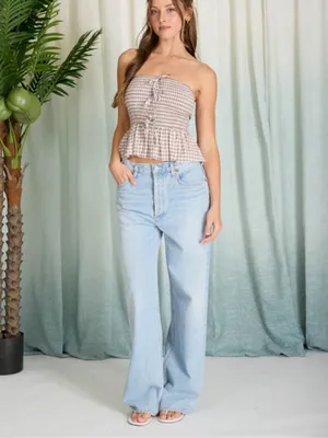 NEW Blu Pepper Plaid Strapless Smocked Front Tie Peplum Top – Medium thumbnail 5