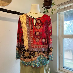 Laura G. Y2K Patchwork Long Sleeve Printed Bow Tie Indie Boho Blouse Size XL USA thumbnail 6