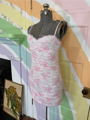 LoveShackFancy X Victorias Secret Charlamagne Pink Ruched Lace Dress Sz XS💛🎀 thumbnail 5