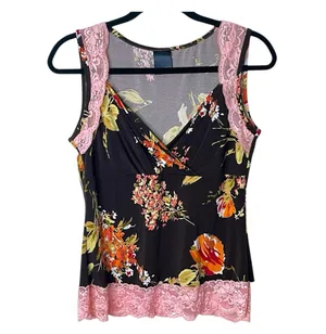 Y2K j.t.b. Floral and lace trim wraps v-neck tank top large brown pink orange poppy thumbnail 1