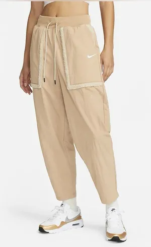 Nike Sportswear Essential Woven Faux Fur High-Waisted Curve Joggers in Hemp Tan thumbnail 1