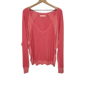 FREE PEOPLE Women's Large Santa Clara Oversized V Neck Thermal Sweater Top Pink thumbnail 2