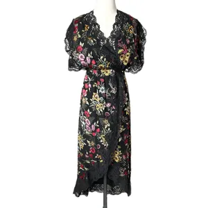 Alice + Olivia Adele Black Floral Silk Blend Lace Trim Midi Wrap Dress Size 2 thumbnail 2