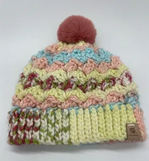 Handmade Knit Hat Beanie Womens One Size Multicolor Pom Bobble Chevron Winter thumbnail 1