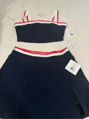 Beyond Yoga Navy Skater Skirt with Red and White Stripe Waistband thumbnail 3