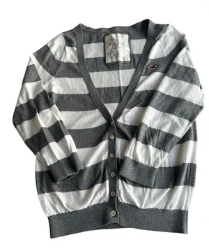 Y2K Hollister Gray and‎ White Striped V-Neck Button Cardigan Size Large Preppy thumbnail 1
