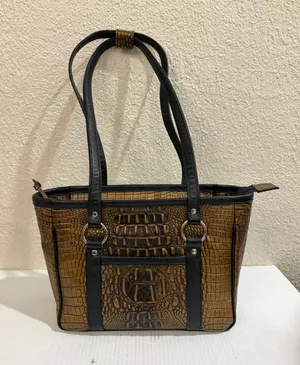 Faux Crocodile Embossed Tote Bag Brown Black Shoulder Handbag Zip Top Large thumbnail 1