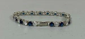 Silver Blue Sapphire Diamond Round Gemstone Tennis Bracelet Jewelry 💙 thumbnail 3