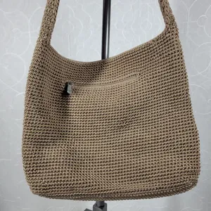 Vintage Sak Crochet Shoulder Bag 10" Dark Tan Nylon Ladies Handbag Pockets thumbnail 10