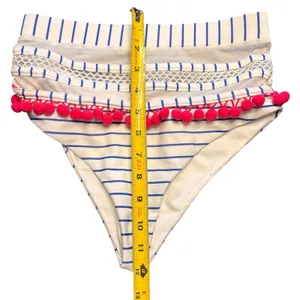 TULAROSA Nina High Waisted‎ Bikini Set Blue White Stripe Pink Pom Poms XS thumbnail 6