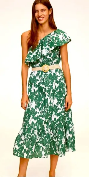Mango One-Shoulder Green Leaf Dress thumbnail 1