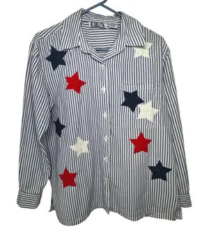 BFA Classics Blue White Striped Shirt Womens Med Petite Star Patriotic‎ Vintage thumbnail 1