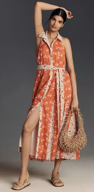 Anthropologie Maeve Halter Open-Back Godet Midi Shirt Dress Mixed Floral Boho thumbnail 1