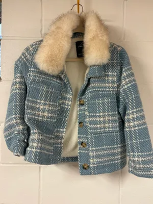 Gabby Isabella Plaid Blue & Cream Fur Collar Jacket thumbnail 1