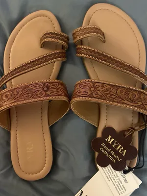 Myra Bag Tan Hand-Tooled Floral Leather Strap Sandals - Women thumbnail 1