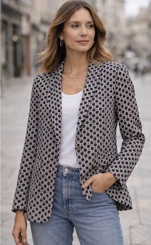 Cartonnier Anthropologie Navy White Geometric Southmark Blazer Sz M Lightweight thumbnail 1