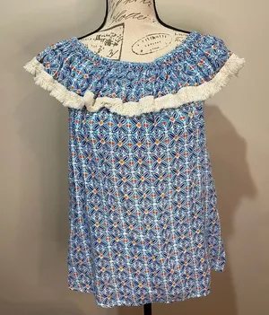 ROBERTA ROLLER RABBIT Lucia Fringe Off Shoulder‎ Top Blue Tile Print sz S thumbnail 1