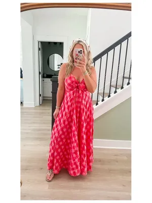 FREE PEOPLE Via Gingham Cotton Seersucker Sundress Red Combo Everly Small NWT thumbnail 2