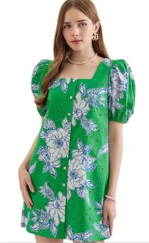 entro Green Floral Mini with White & Blue Print Boutique Dress thumbnail 1