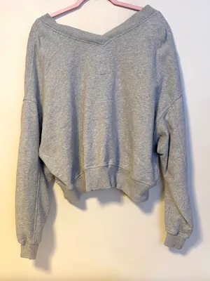 Aerie V Neck Crewneck Relaxed Crop Sweater Sweatshirt Light Grey Womens Small thumbnail 2