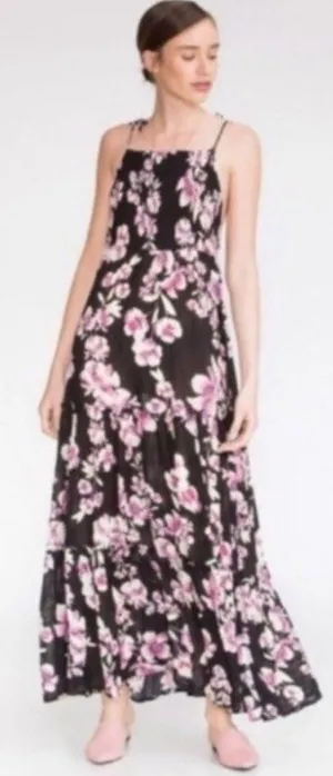 Free People Black and Pink Floral Maxi party garden Dress thumbnail 1