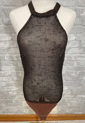 Free People Intimately Sheer Metallic Knit Halter Bodysuit in Brown thumbnail 1