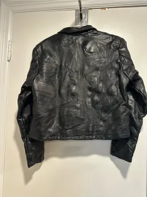 VTG 90s Giovanni Navarre SzL black leather patchwork Button cropped biker jacket Size L thumbnail 2